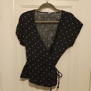 Old Navy Navy Blue Polka Dot Wrap Top Linen & Cotton Blend